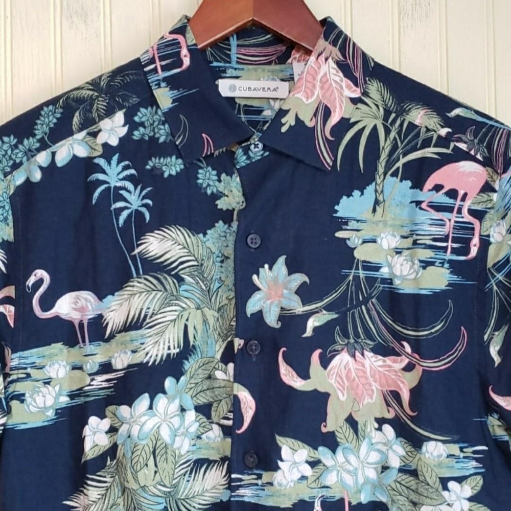 Cubavera Shirt Mens Small Blue Flamingo Floral Short Sleeve Hawaiian Button Up
